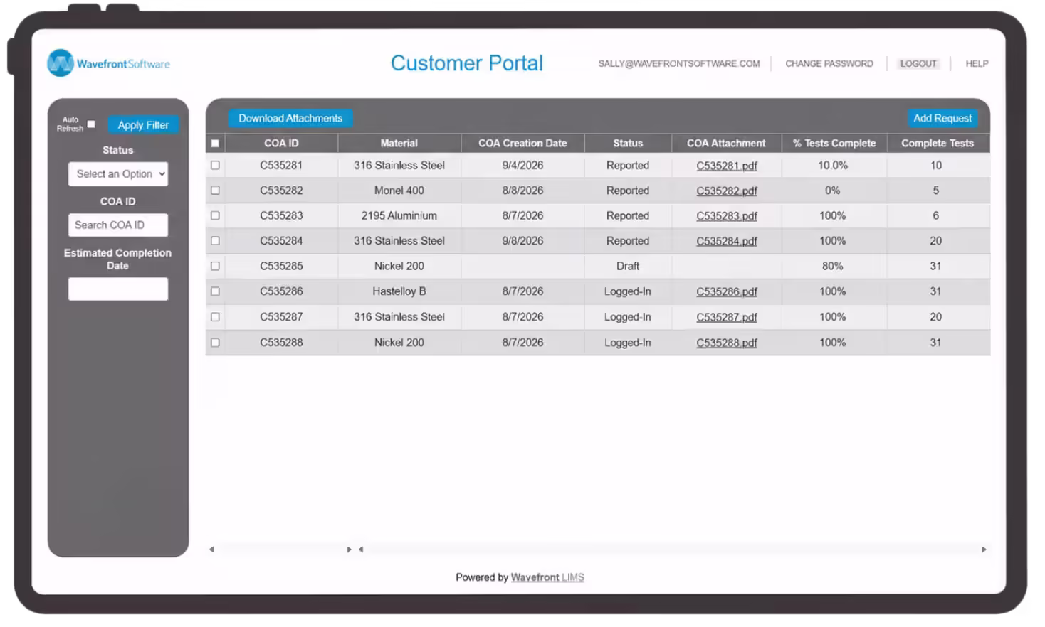 Wavefront LIMS Customer Portal